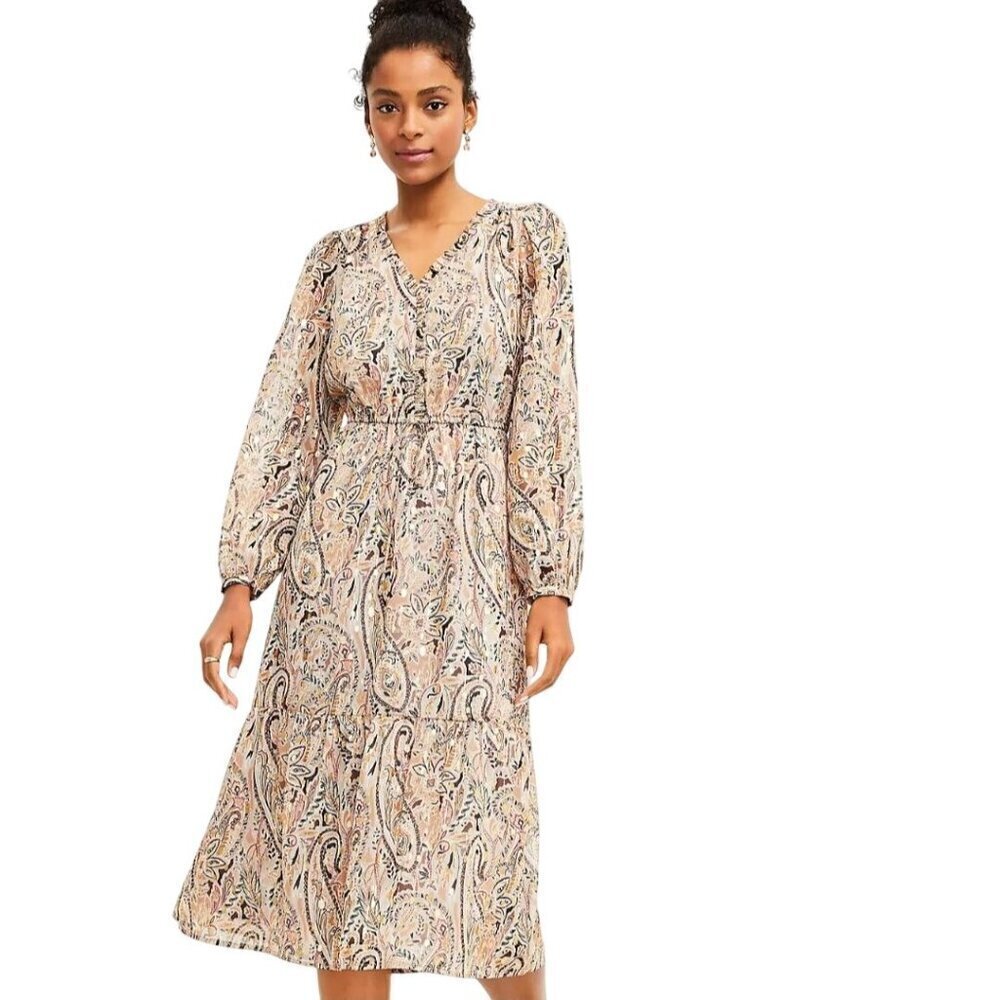 Loft NWOT Shimmer Paisley V Neck Midi Dress Size MP